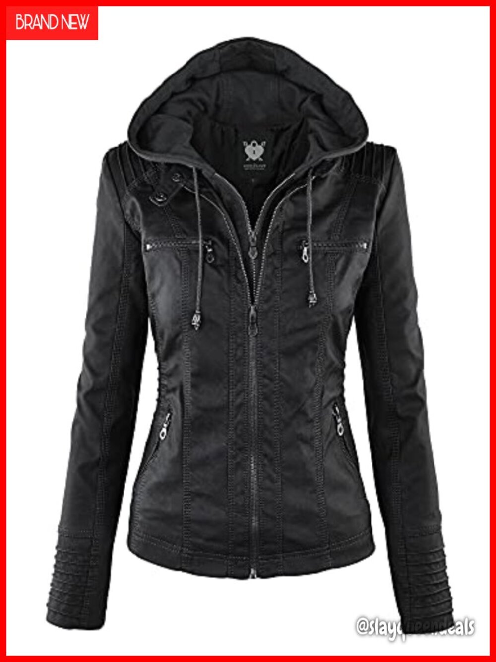 Faux Leather Moto Biker Jacket Removable Hood Cropped Zip Vegan